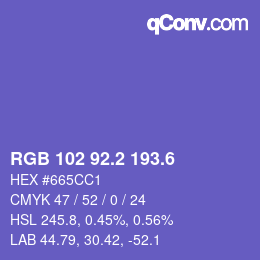 カラーコード: RGB 102 92.2 193.6 | qconv.com
