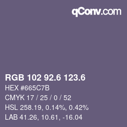 カラーコード: RGB 102 92.6 123.6 | qconv.com