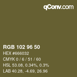 カラーコード: RGB 102 96 50 | qconv.com