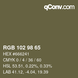 Color code: RGB 102 98 65 | qconv.com