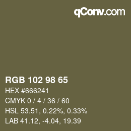 Color code: RGB 102 98 65 | qconv.com