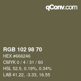 Color code: RGB 102 98 70 | qconv.com