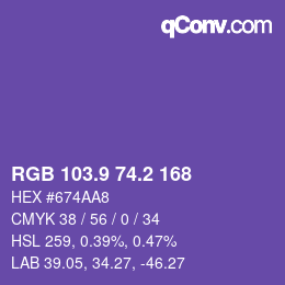 カラーコード: RGB 103.9 74.2 168 | qconv.com