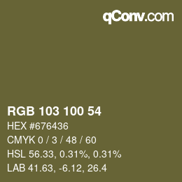Color code: RGB 103 100 54 | qconv.com