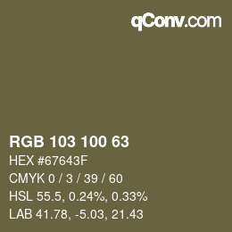 Color code: RGB 103 100 63 | qconv.com