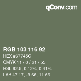 Color code: RGB 103 116 92 | qconv.com