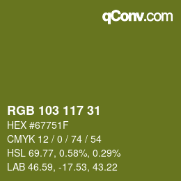 Color code: RGB 103 117 31 | qconv.com