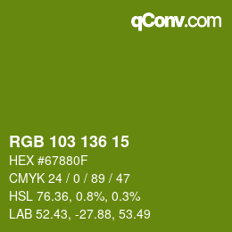 Color code: RGB 103 136 15 | qconv.com