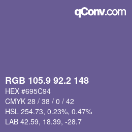 カラーコード: RGB 105.9 92.2 148 | qconv.com