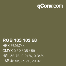 Color code: RGB 105 103 68 | qconv.com