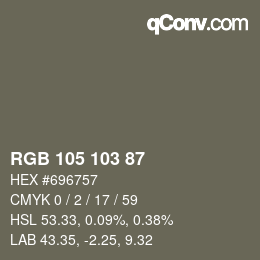 Color code: RGB 105 103 87 | qconv.com