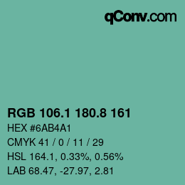 カラーコード: RGB 106.1 180.8 161 | qconv.com