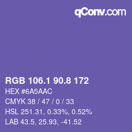 カラーコード: RGB 106.1 90.8 172 | qconv.com