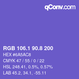 カラーコード: RGB 106.1 90.8 200 | qconv.com