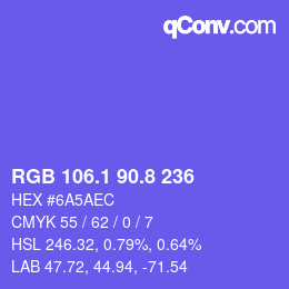 カラーコード: RGB 106.1 90.8 236 | qconv.com