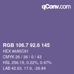 カラーコード: RGB 106.7 92.6 145 | qconv.com