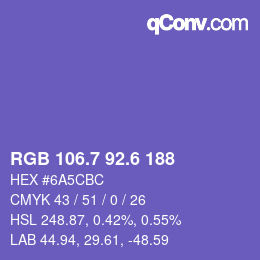 カラーコード: RGB 106.7 92.6 188 | qconv.com