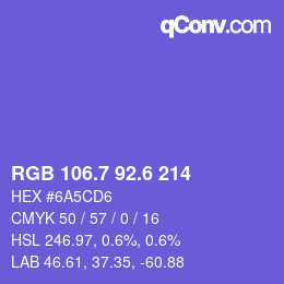 カラーコード: RGB 106.7 92.6 214 | qconv.com