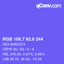 カラーコード: RGB 106.7 92.6 244 | qconv.com