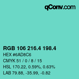 カラーコード: RGB 106 216.4 198.4 | qconv.com