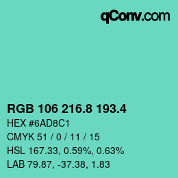 カラーコード: RGB 106 216.8 193.4 | qconv.com