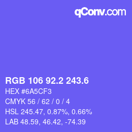 カラーコード: RGB 106 92.2 243.6 | qconv.com