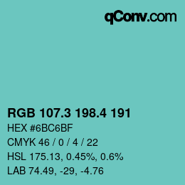 カラーコード: RGB 107.3 198.4 191 | qconv.com