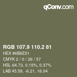 Color code: RGB 107.9 110.2 81 | qconv.com