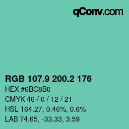 カラーコード: RGB 107.9 200.2 176 | qconv.com