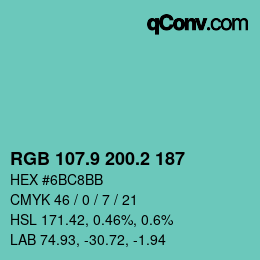 カラーコード: RGB 107.9 200.2 187 | qconv.com