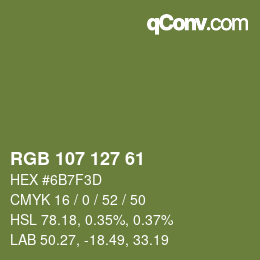 Color code: RGB 107 127 61 | qconv.com