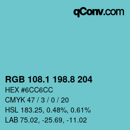 カラーコード: RGB 108.1 198.8 204 | qconv.com
