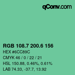 カラーコード: RGB 108.7 200.6 156 | qconv.com