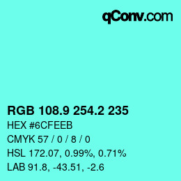 Color code: RGB 108.9 254.2 235 | qconv.com