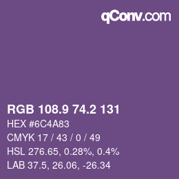 カラーコード: RGB 108.9 74.2 131 | qconv.com