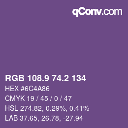 カラーコード: RGB 108.9 74.2 134 | qconv.com