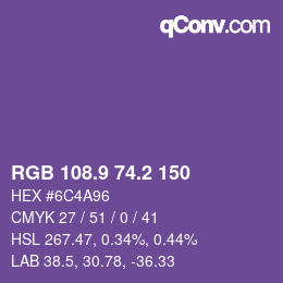 カラーコード: RGB 108.9 74.2 150 | qconv.com