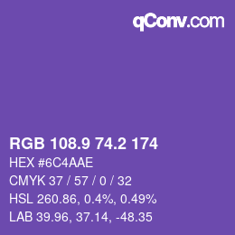 カラーコード: RGB 108.9 74.2 174 | qconv.com
