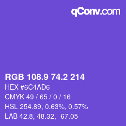 カラーコード: RGB 108.9 74.2 214 | qconv.com