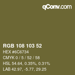 Color code: RGB 108 103 52 | qconv.com