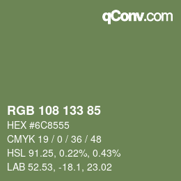 Color code: RGB 108 133 85 | qconv.com