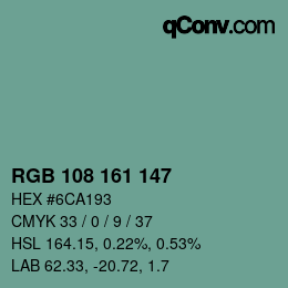 Color code: RGB 108 161 147 | qconv.com