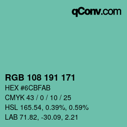 カラーコード: RGB 108 191 171 | qconv.com