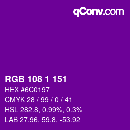 Color code: RGB 108 1 151 | qconv.com