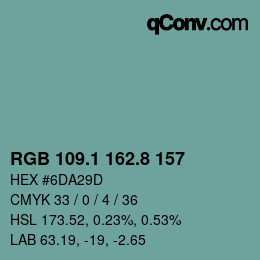 カラーコード: RGB 109.1 162.8 157 | qconv.com