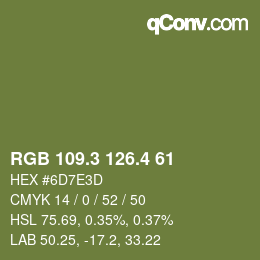 カラーコード: RGB 109.3 126.4 61 | qconv.com