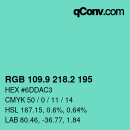 カラーコード: RGB 109.9 218.2 195 | qconv.com