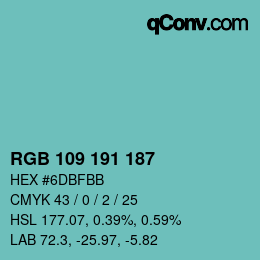 Color code: RGB 109 191 187 | qconv.com
