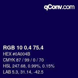 カラーコード: RGB 10 0.4 75.4 | qconv.com