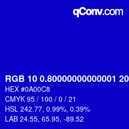 カラーコード: RGB 10 0.80000000000001 200.4 | qconv.com